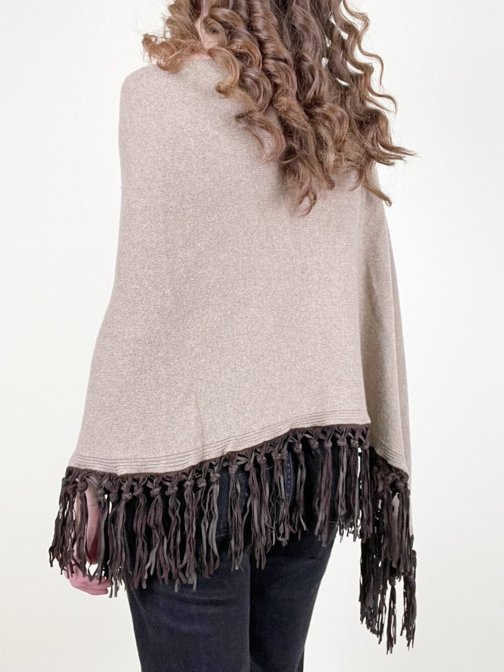 New Cashmere Wool Leather Fringe Poncho Sweater Western Boho Fall Cozy Bohemian - Picture 4 of 9